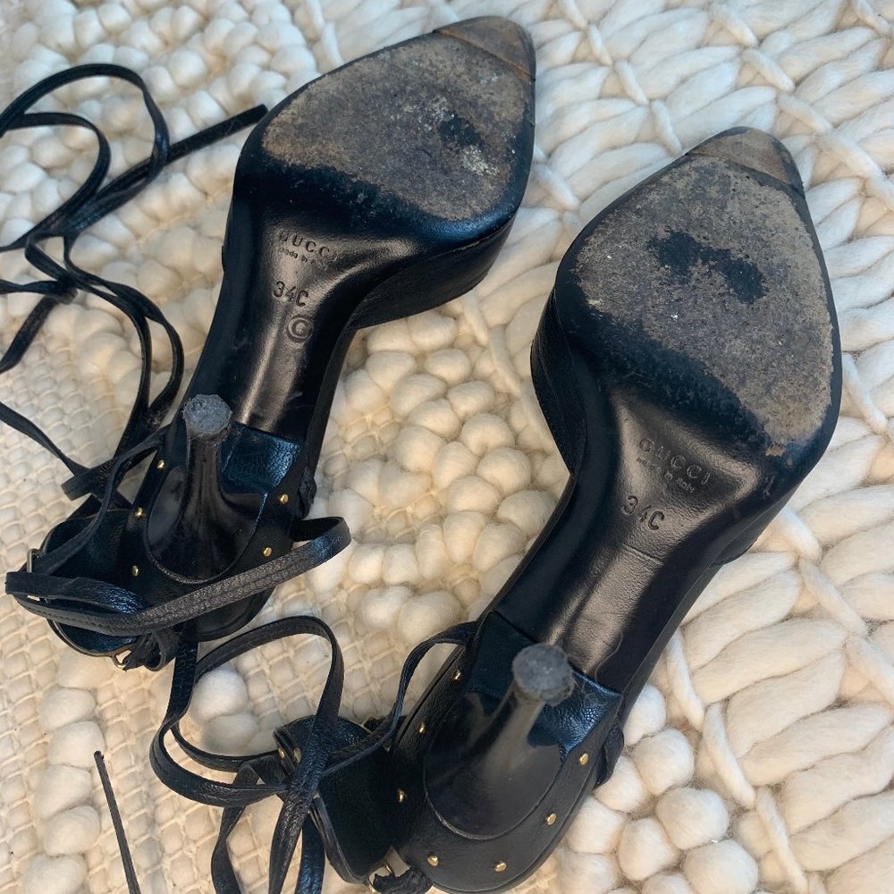 Gucci Heels Ankle Tie Strap Black Leather GG Sz 34 - Picture 4 of 4